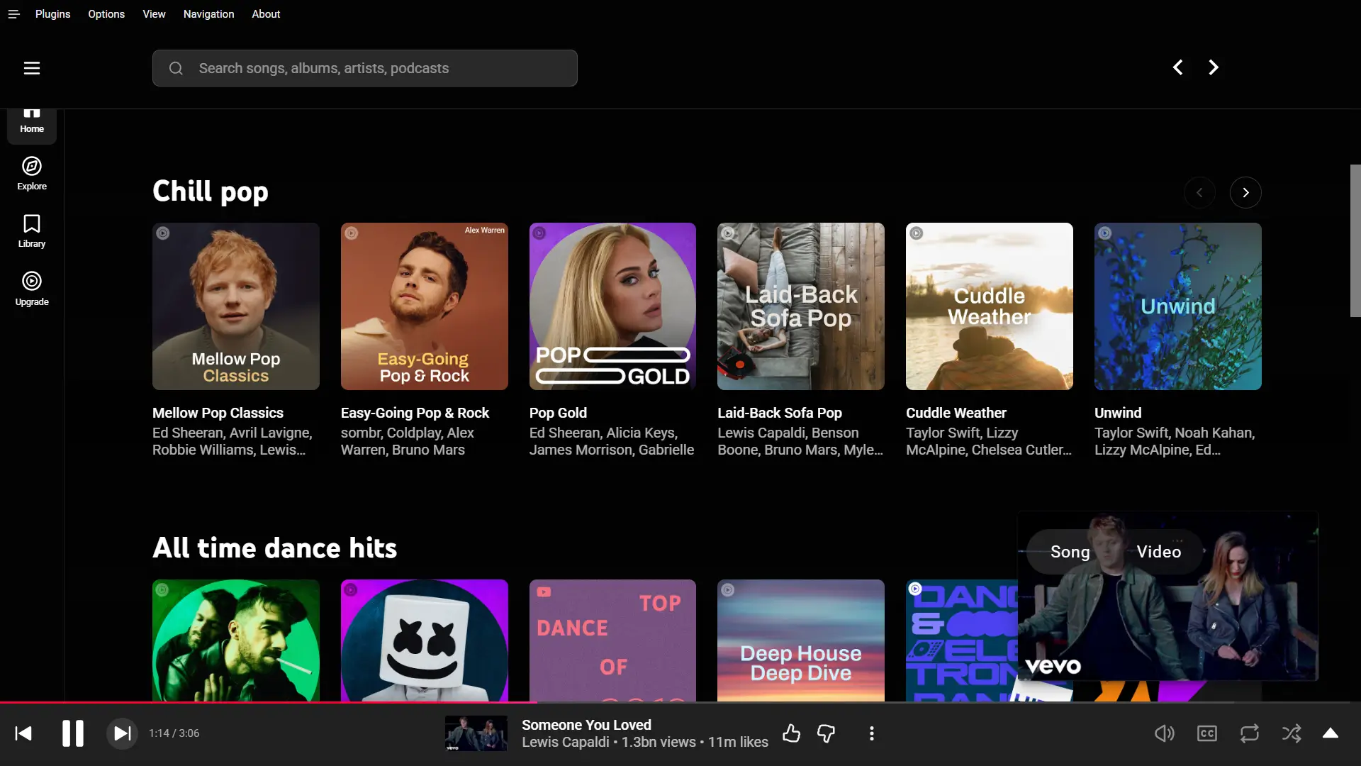 Pear Desktop playing YouTube Music, showing the Chill pop and All time dance hits sections with the now playing bar at the bottom